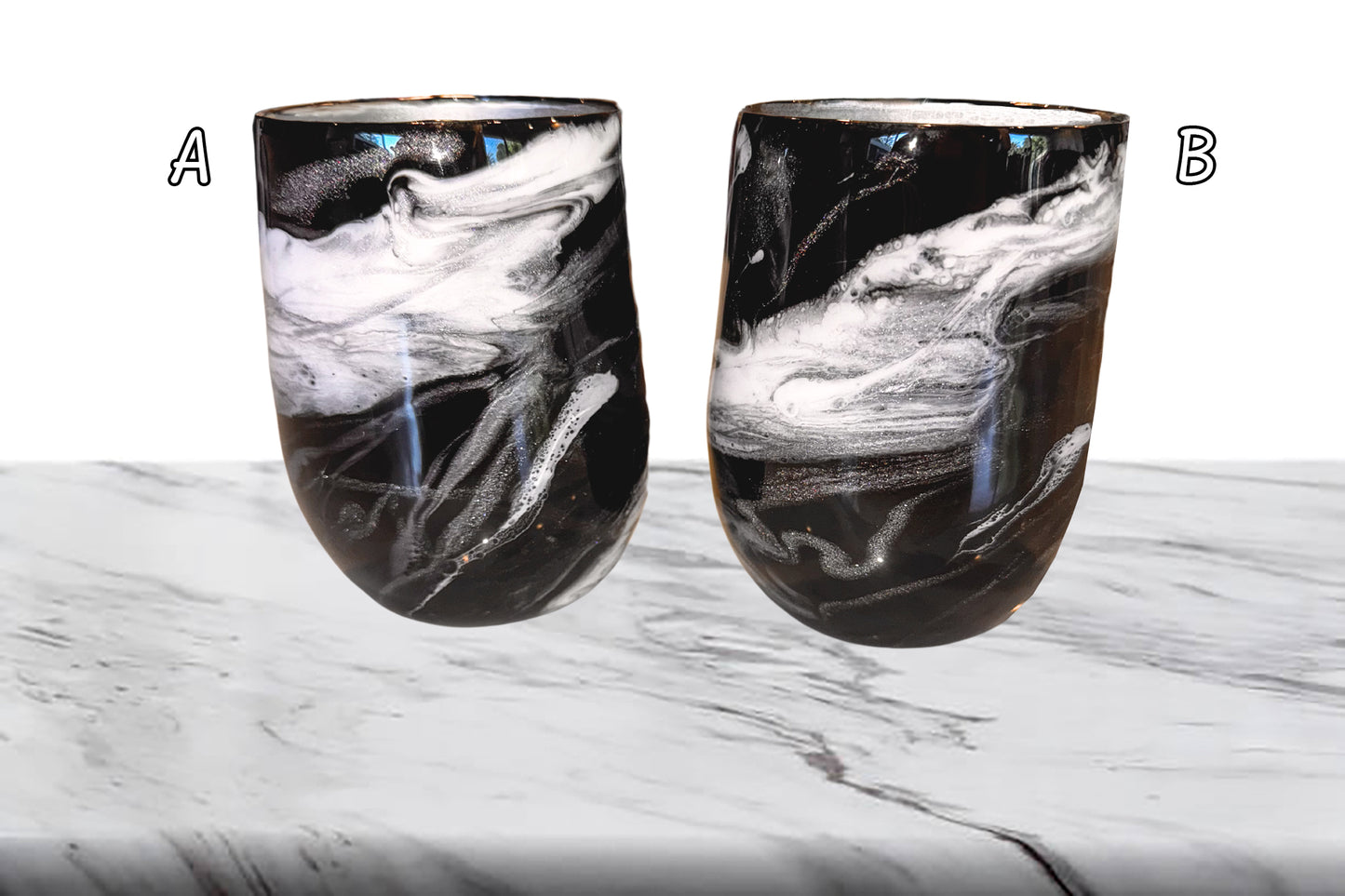 Black & White Mica Marble Wine Glass (12 oz) - Double Wall Steel (B)