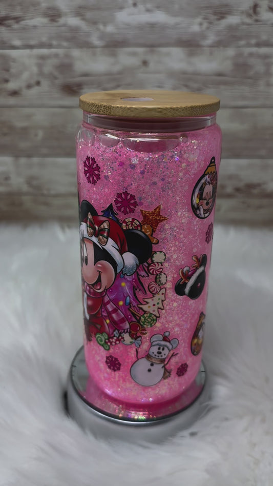 Mouse Couple Christmas - Pink Glitter - Snow Globe Cup - 16 oz Glass