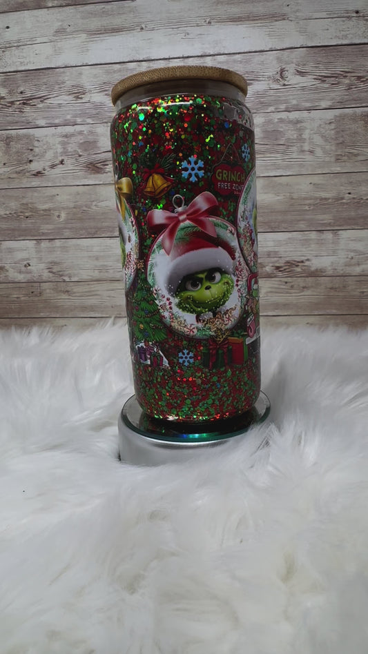 Grinch - Red/Green Glitter - Snow Globe Cup - 16 oz Glass