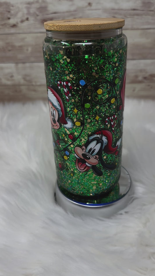 Mouse Christmas Friends - Green/Gold Glitter - Snow Globe Cup - 16 oz Glass