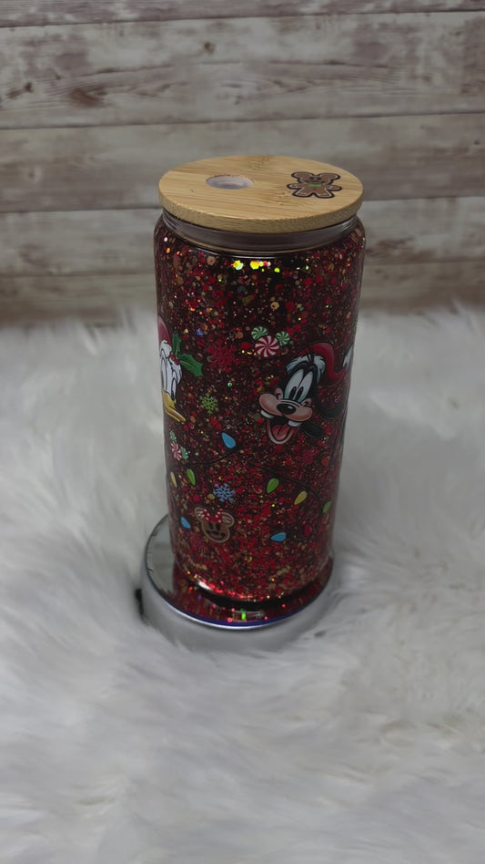 Mouse Christmas Friends - Red/Gold Glitter - Snow Globe Cup - 16 oz Glass