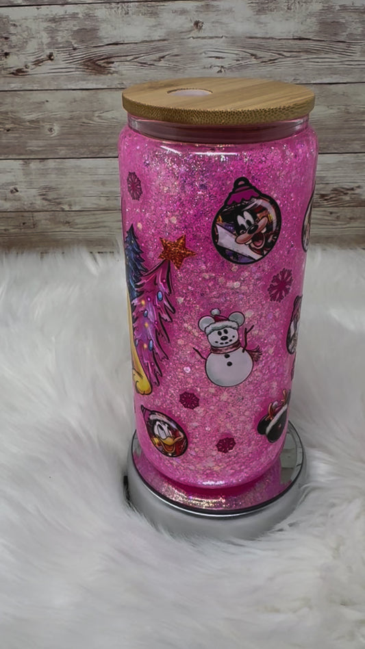 Mouse Christmas Dog - Pink Glitter - Snow Globe Cup - 16 oz Glass